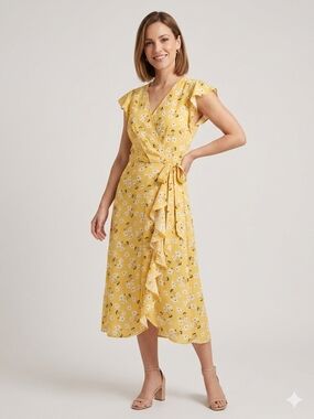 Monteau Los Angeles Yellow Floral Faux-Wrap Midi Dress - Size Small #232